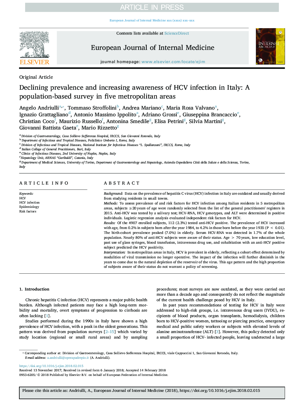 Declining prevalence and increasing awareness of HCV infection in Italy: A population-based survey in five metropolitan areas