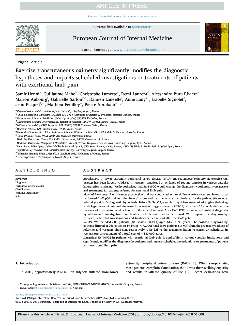 Exercise transcutaneous oximetry significantly modifies the diagnostic hypotheses and impacts scheduled investigations or treatments of patients with exertional limb pain