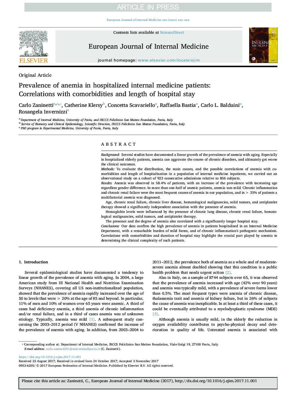 Prevalence of anemia in hospitalized internal medicine patients: Correlations with comorbidities and length of hospital stay