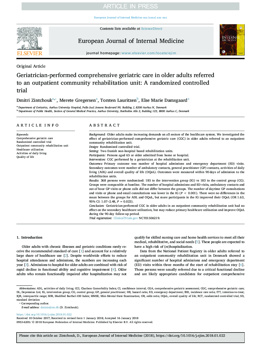 Geriatrician-performed comprehensive geriatric care in older adults referred to a community rehabilitation unit: A randomized controlled trial