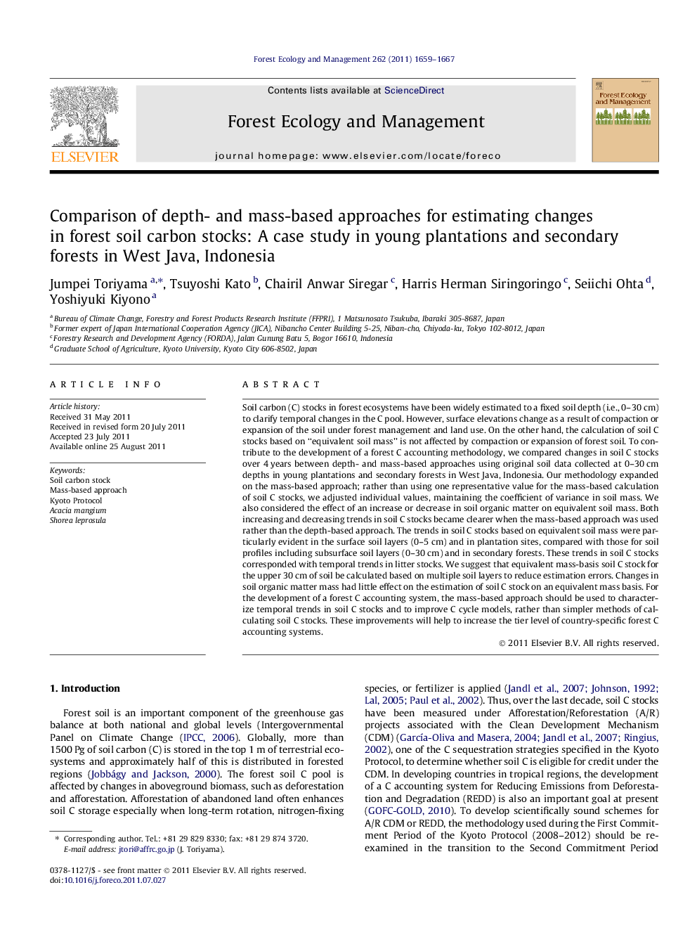 Comparison of depth- and mass-based approaches for estimating changes in forest soil carbon stocks: A case study in young plantations and secondary forests in West Java, Indonesia