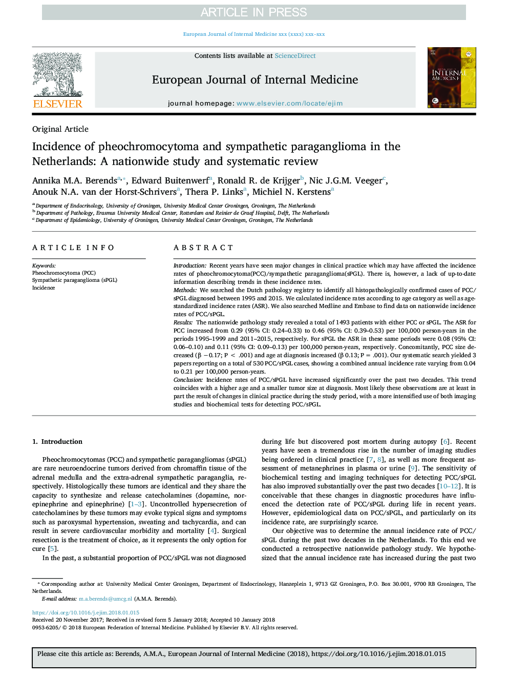 Incidence of pheochromocytoma and sympathetic paraganglioma in the Netherlands: A nationwide study and systematic review