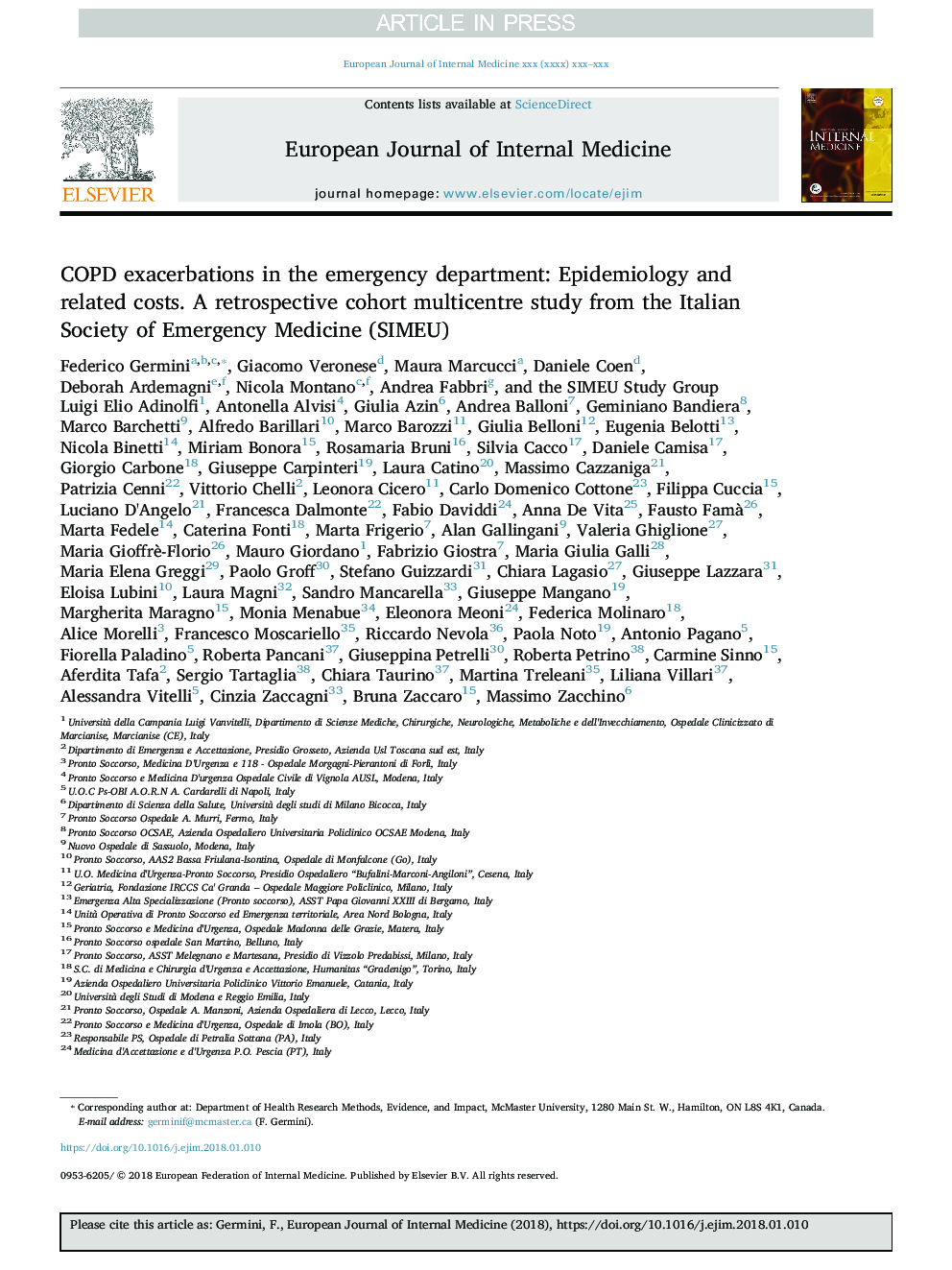 COPD exacerbations in the emergency department: Epidemiology and related costs. A retrospective cohort multicentre study from the Italian Society of Emergency Medicine (SIMEU)