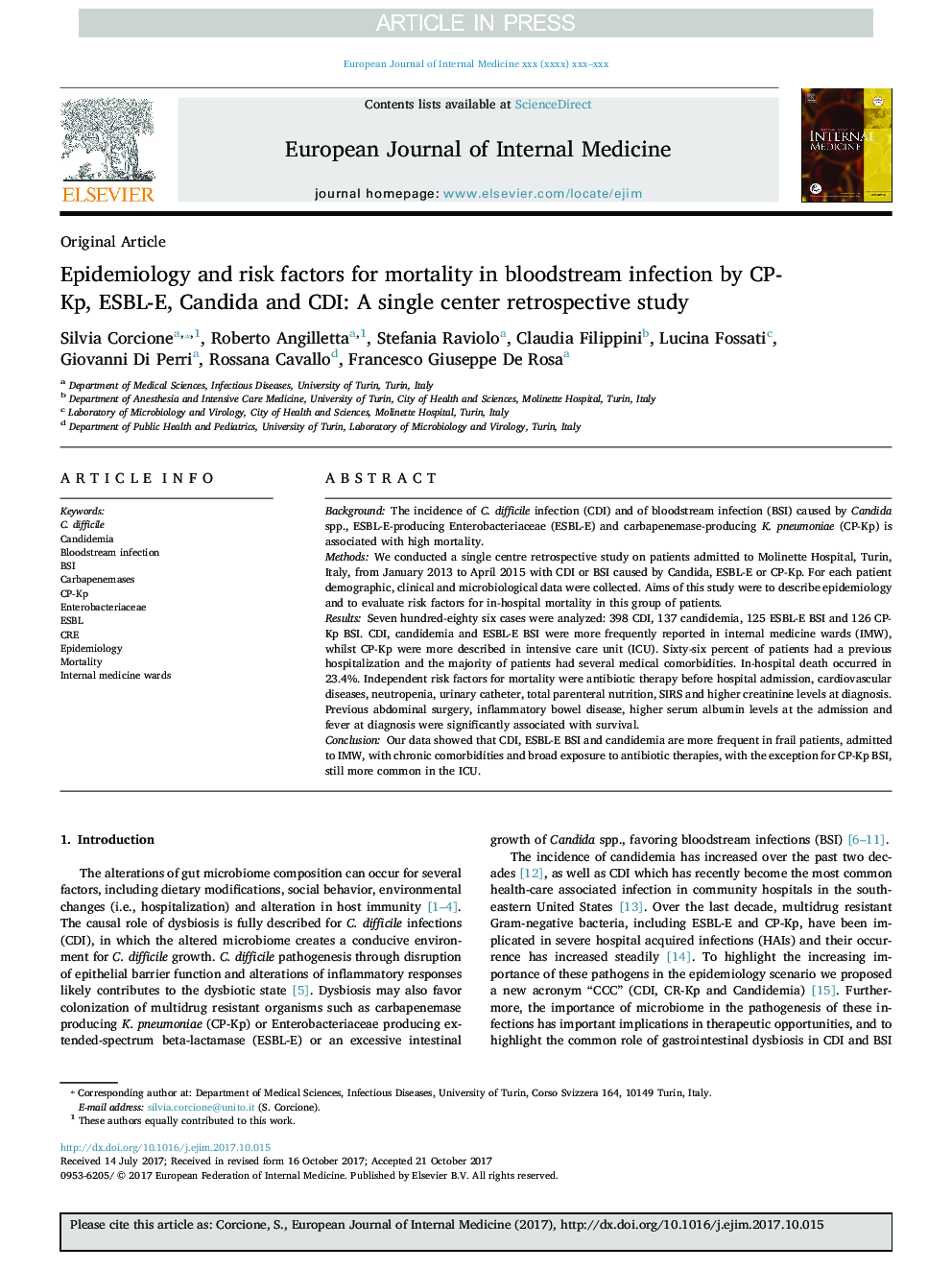 Epidemiology and risk factors for mortality in bloodstream infection by CP-Kp, ESBL-E, Candida and CDI: A single center retrospective study