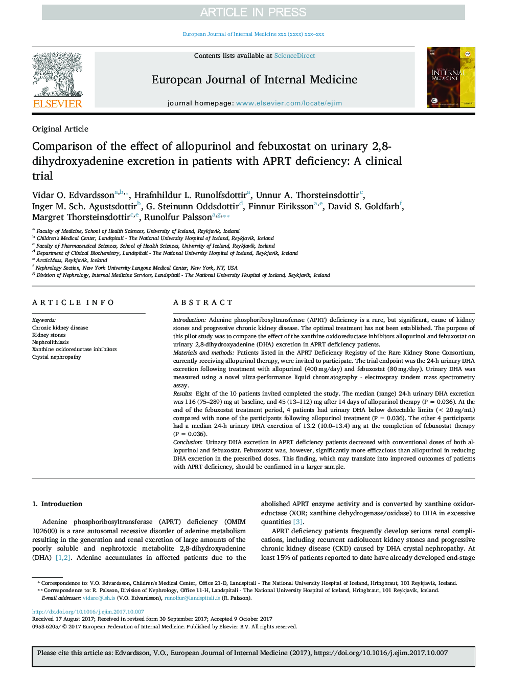 Comparison of the effect of allopurinol and febuxostat on urinary 2,8-dihydroxyadenine excretion in patients with Adenine phosphoribosyltransferase deficiency (APRTd): A clinical trial