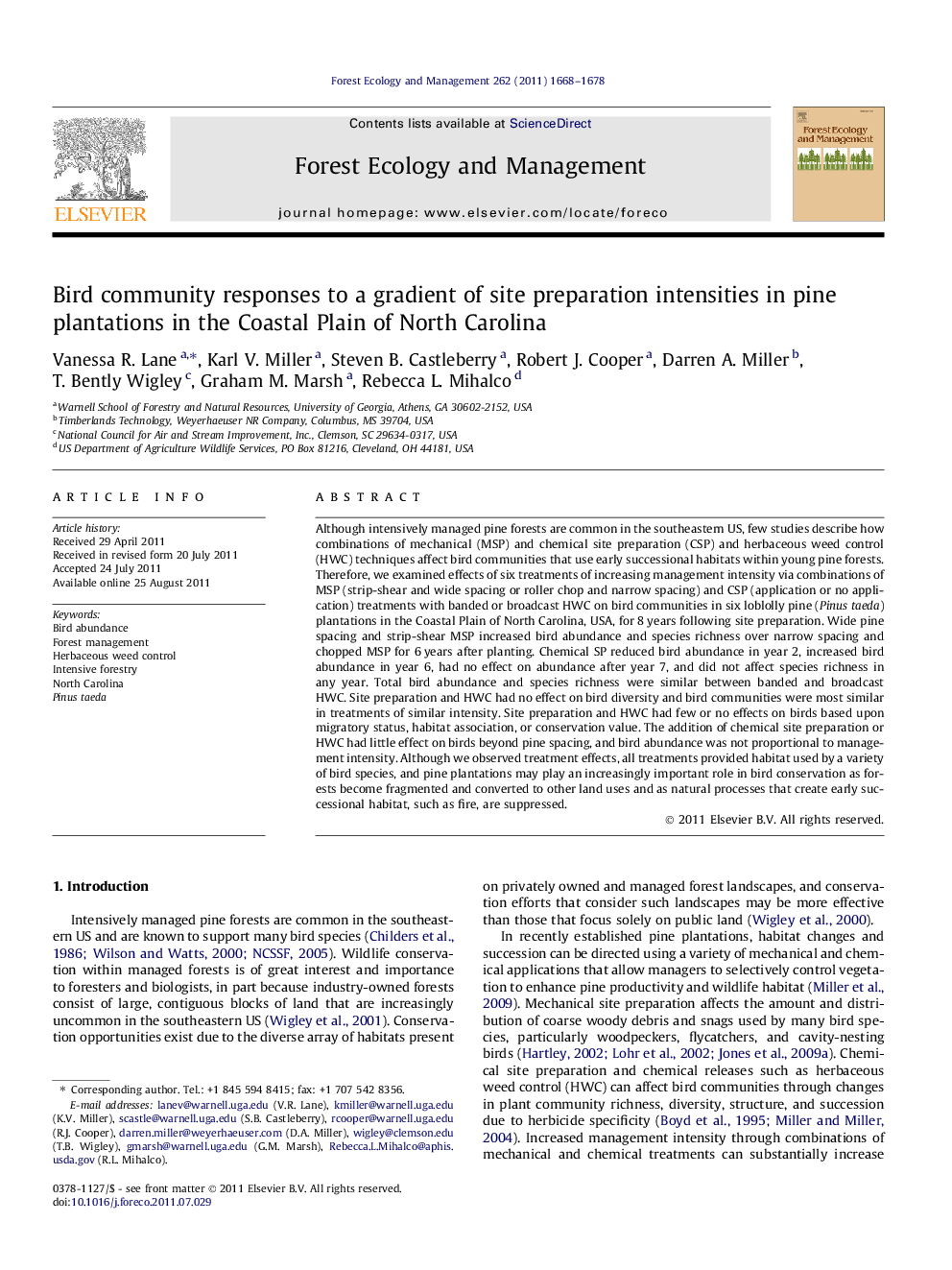 Bird community responses to a gradient of site preparation intensities in pine plantations in the Coastal Plain of North Carolina