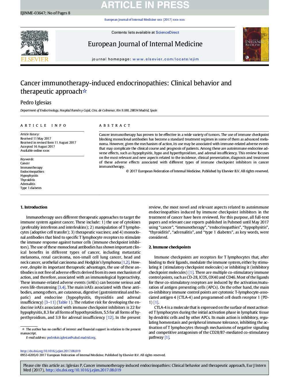 Cancer immunotherapy-induced endocrinopathies: Clinical behavior and therapeutic approach