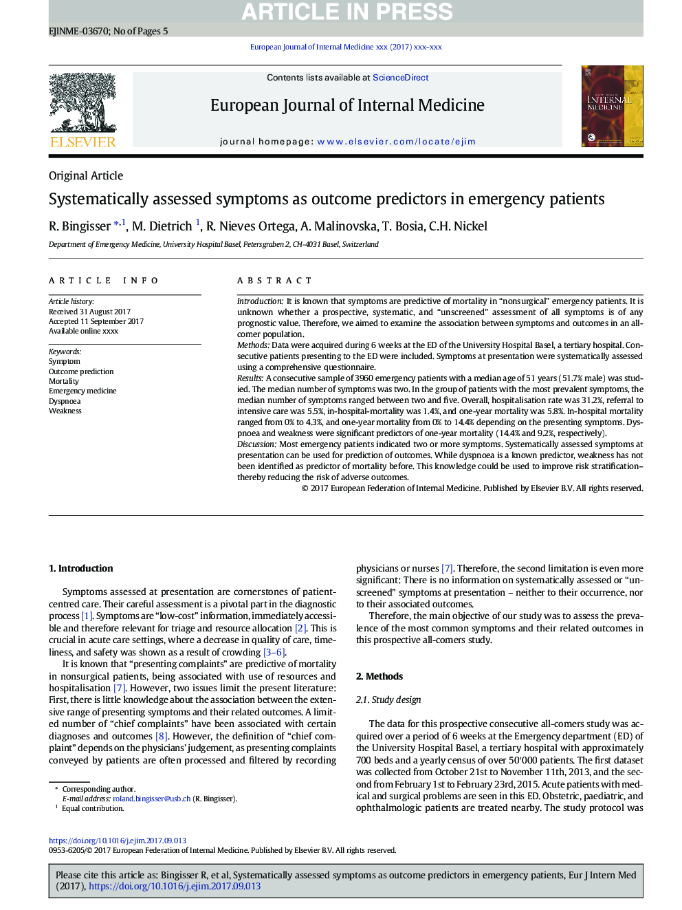 Systematically assessed symptoms as outcome predictors in emergency patients