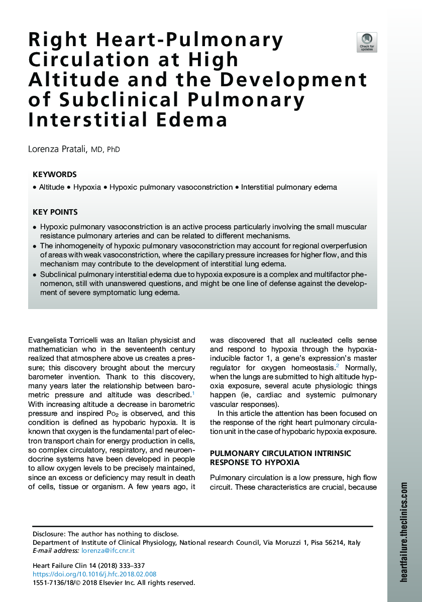 Right Heart-Pulmonary Circulation at High Altitude and the Development of Subclinical Pulmonary Interstitial Edema