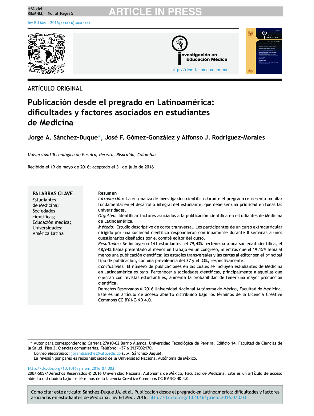 Publicación desde el pregrado en Latinoamérica: dificultades y factores asociados en estudiantes de Medicina
