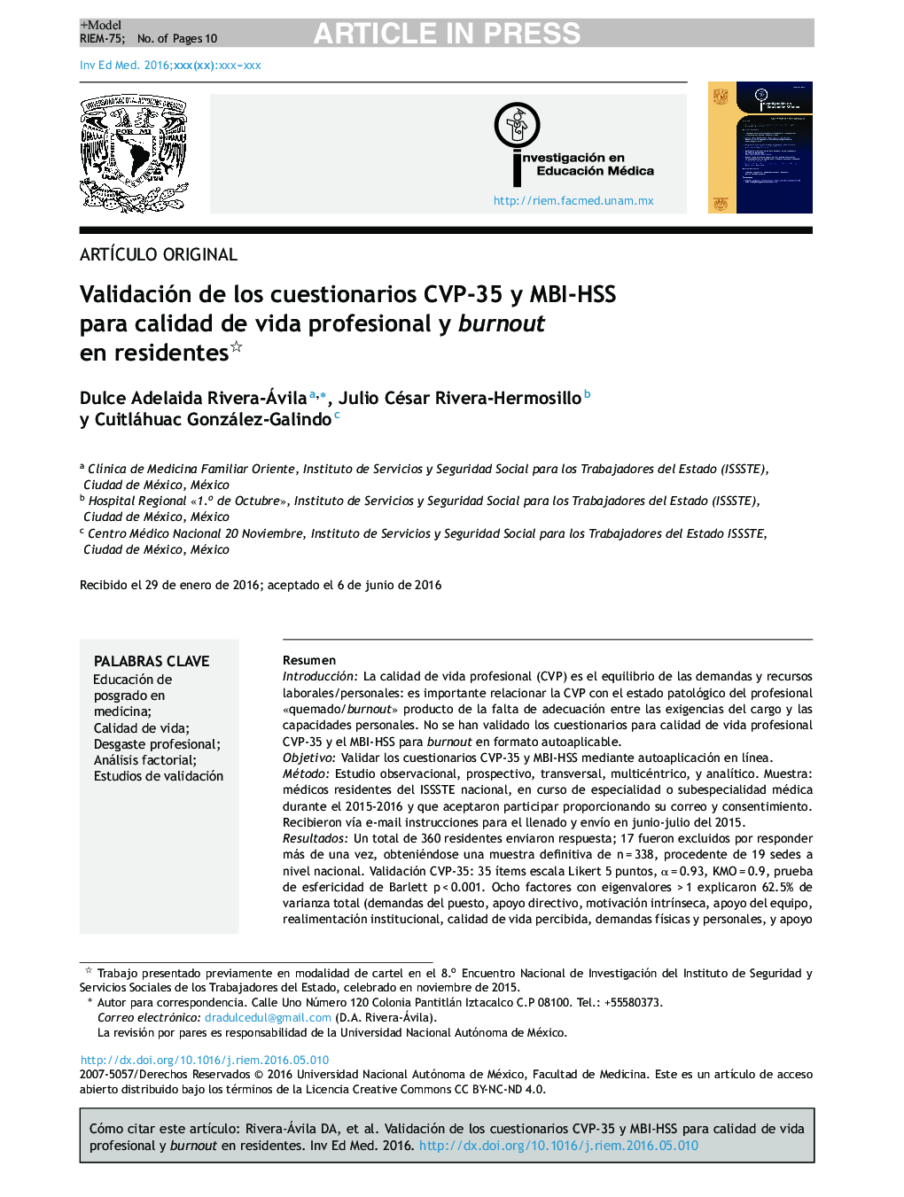 Validación de los cuestionarios CVP-35 y MBI-HSS para calidad de vida profesional y burnout en residentes