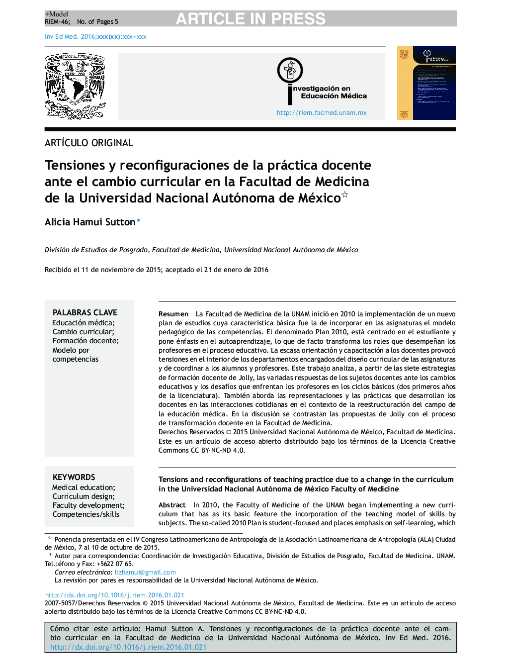 Tensiones y reconfiguraciones de la práctica docente ante el cambio curricular en la Facultad de Medicina de la Universidad Nacional Autónoma de México