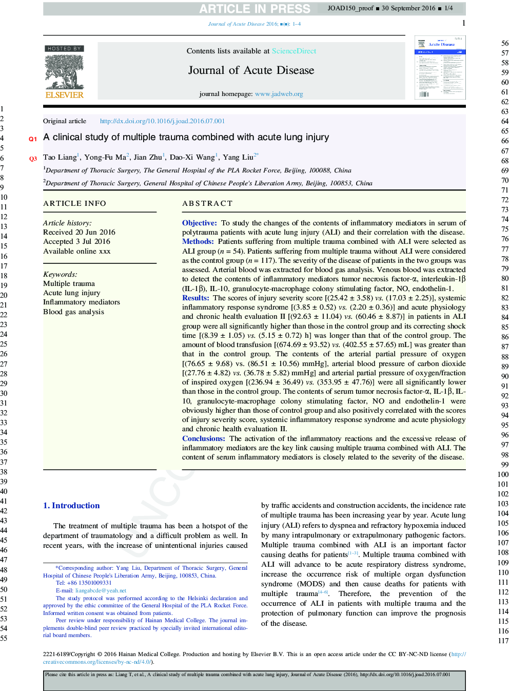 A clinical study of multiple trauma combined with acute lung injury