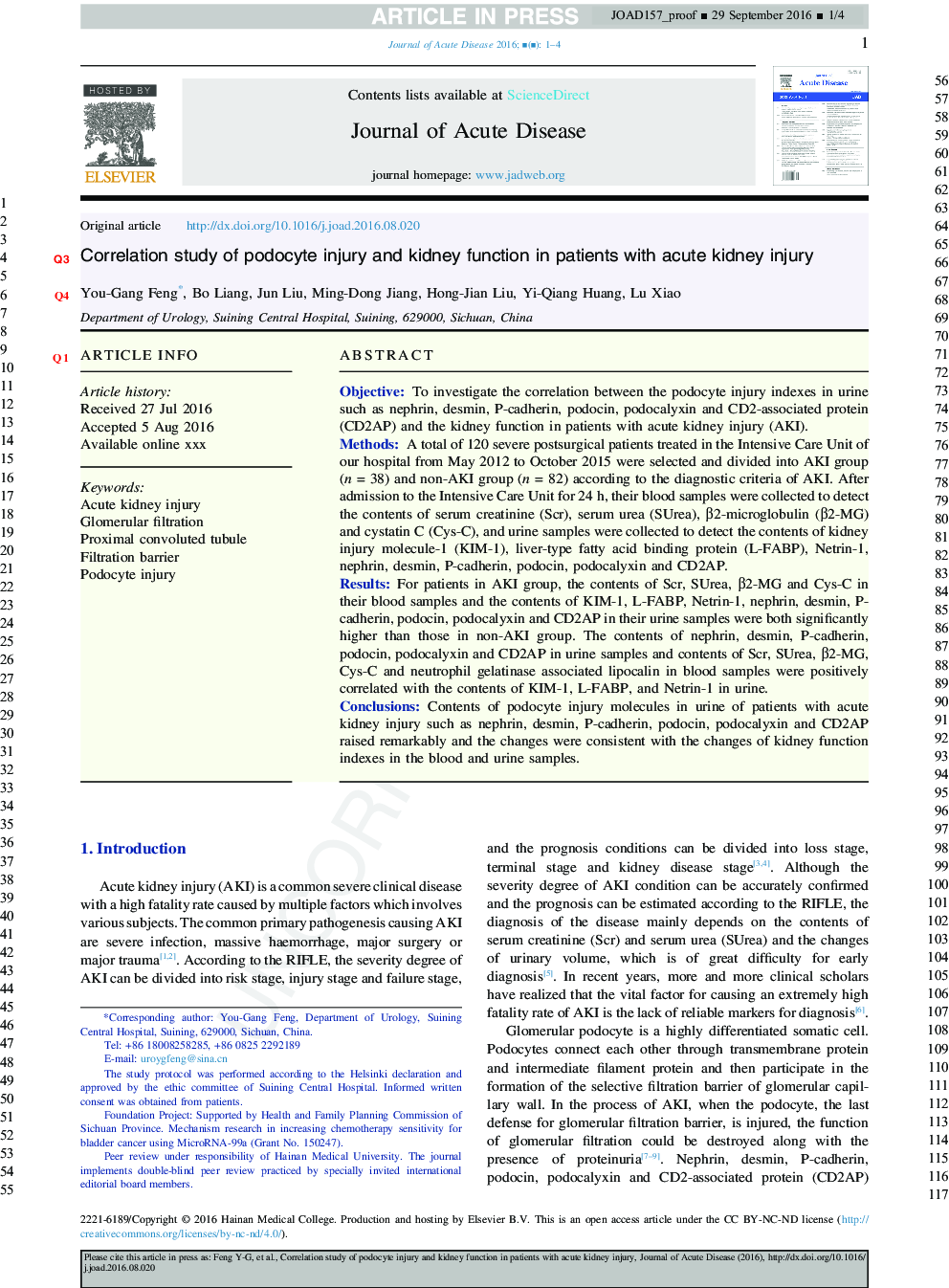 Correlation study of podocyte injury and kidney function in patients with acute kidney injury