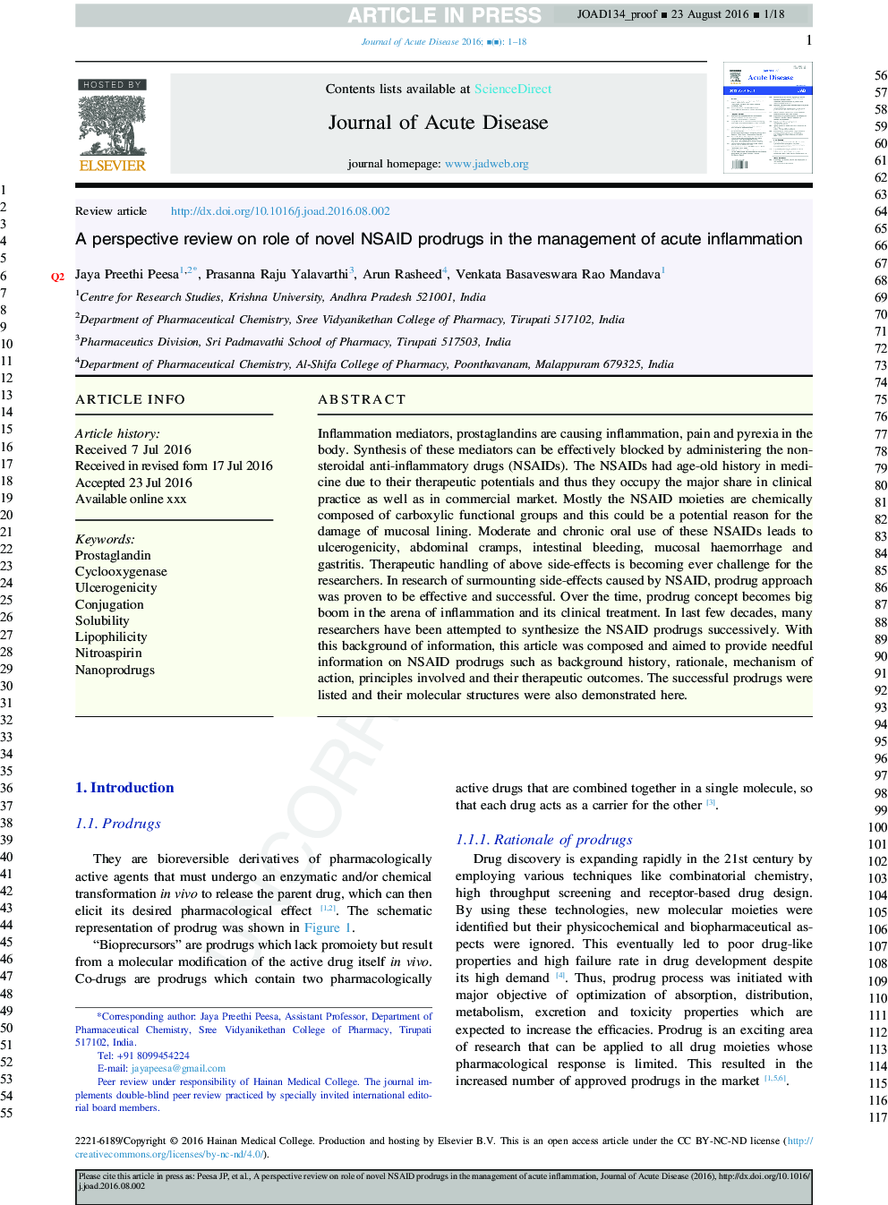 A perspective review on role of novel NSAID prodrugs in the management of acute inflammation