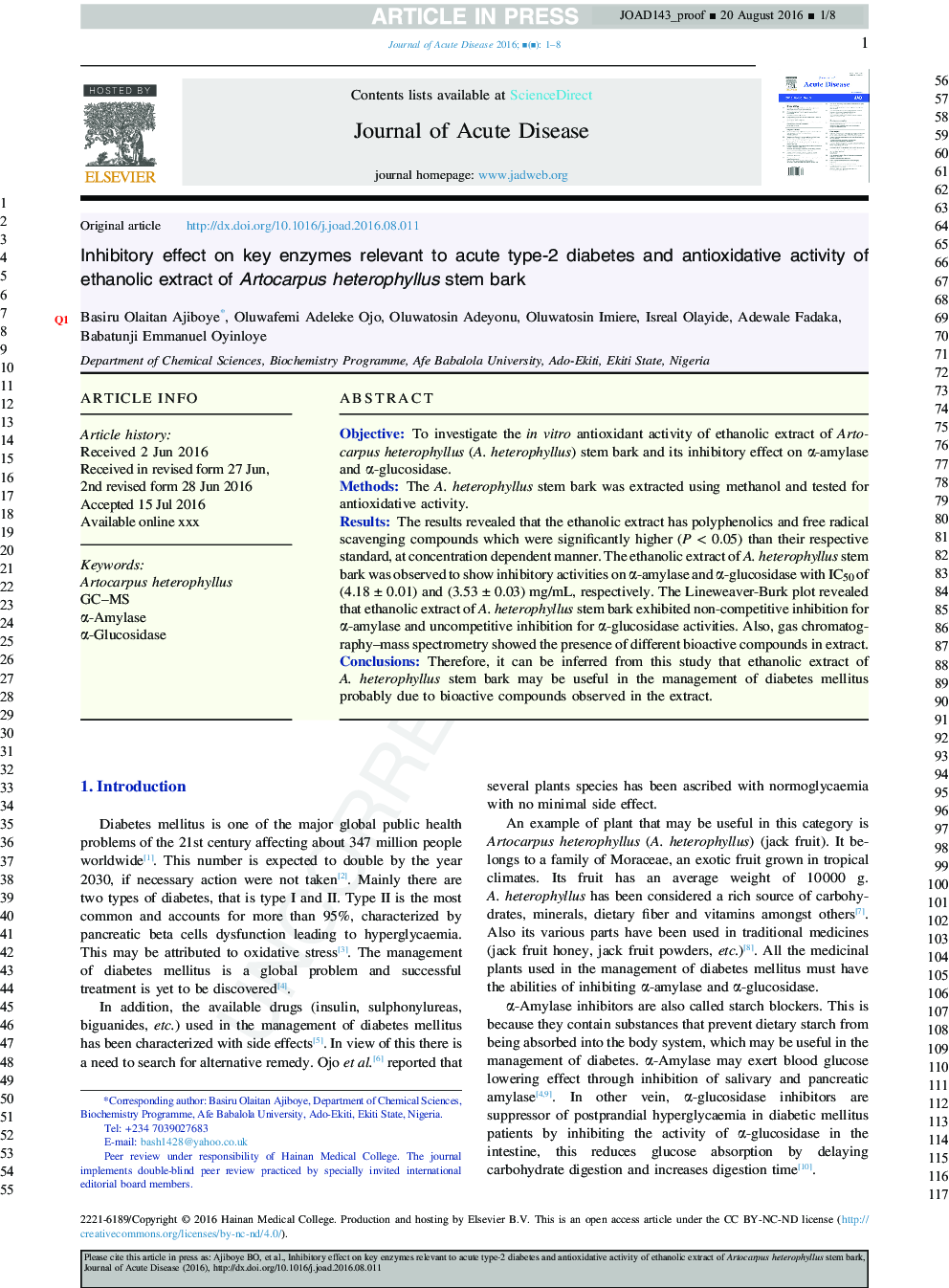 Inhibitory effect on key enzymes relevant to acute type-2 diabetes and antioxidative activity of ethanolic extract of Artocarpus heterophyllus stem bark