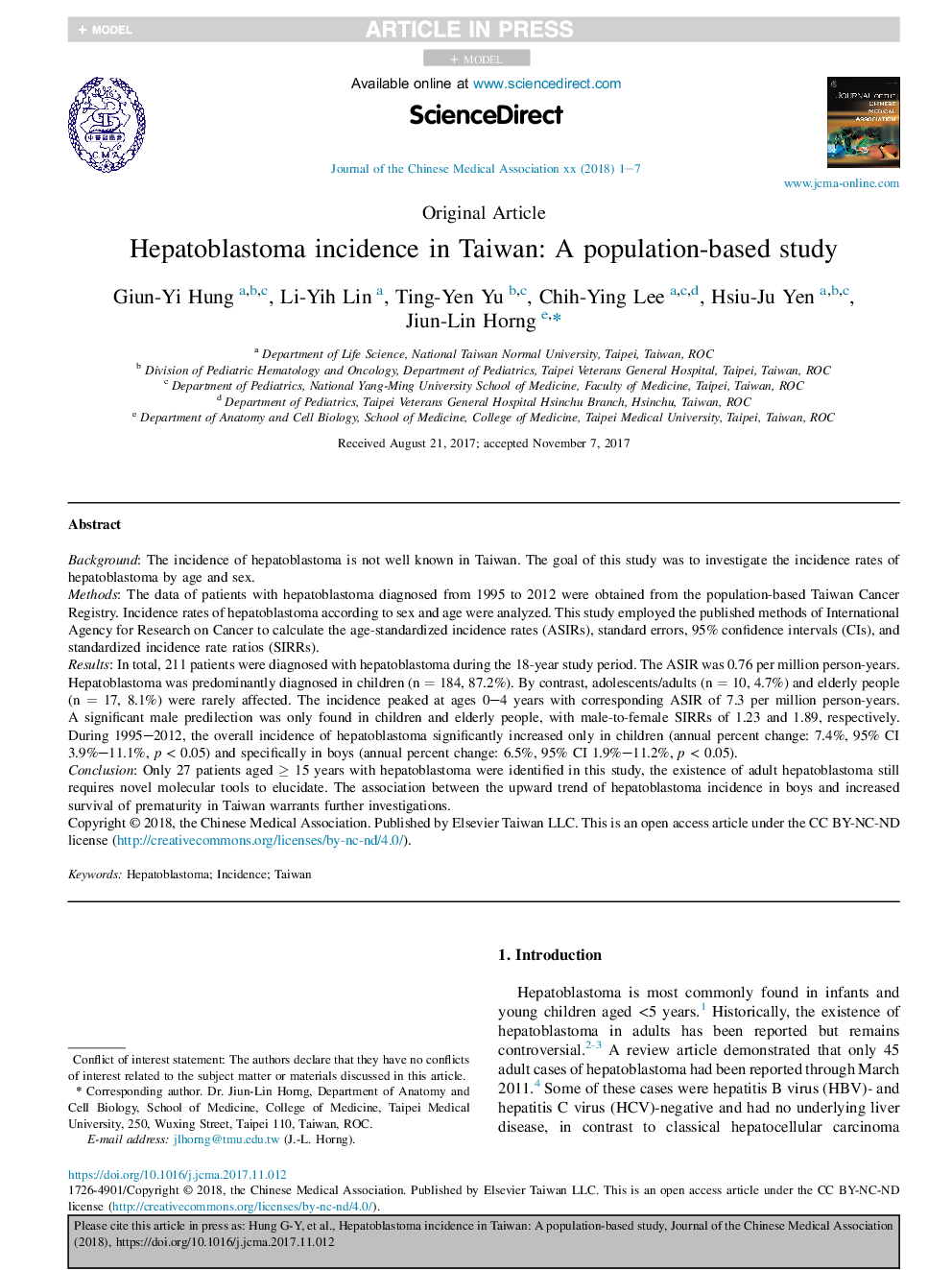 Hepatoblastoma incidence in Taiwan: A population-based study