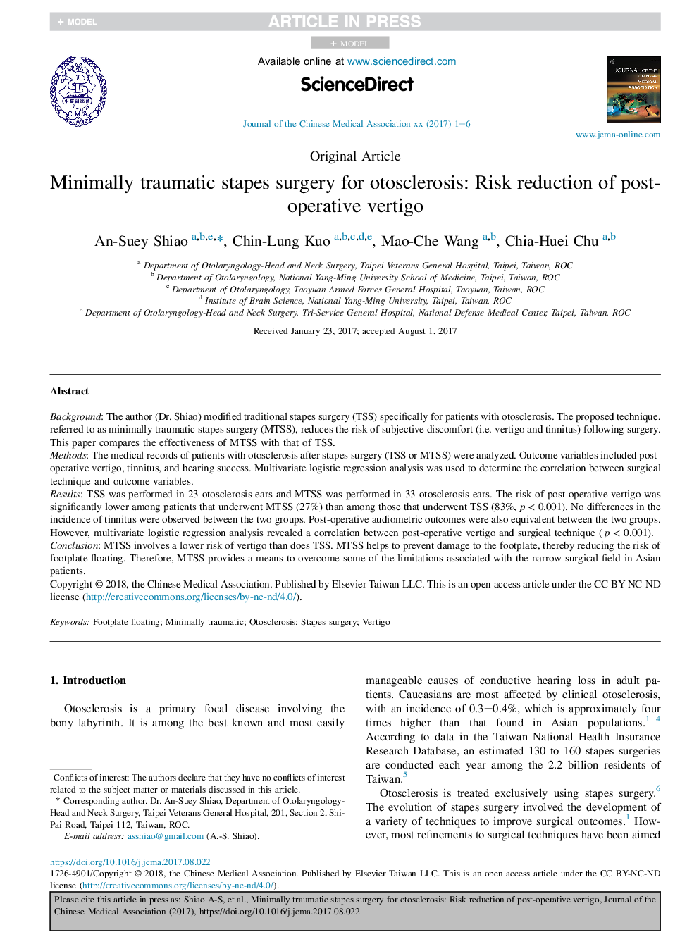 Minimally traumatic stapes surgery for otosclerosis: Risk reduction of post-operative vertigo