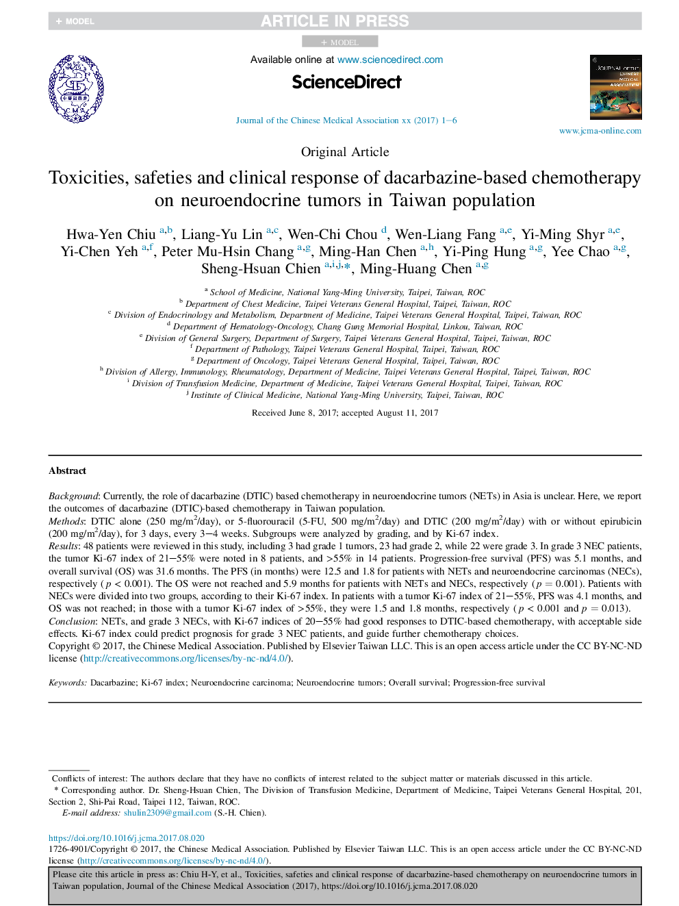 Toxicities, safeties and clinical response of dacarbazine-based chemotherapy on neuroendocrine tumors in Taiwan population