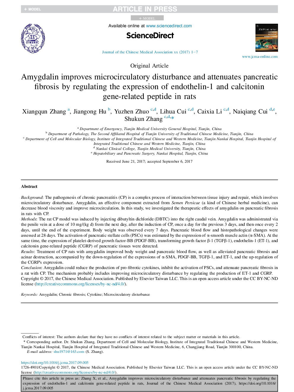 Amygdalin improves microcirculatory disturbance and attenuates pancreatic fibrosis by regulating the expression of endothelin-1 and calcitonin gene-related peptide in rats