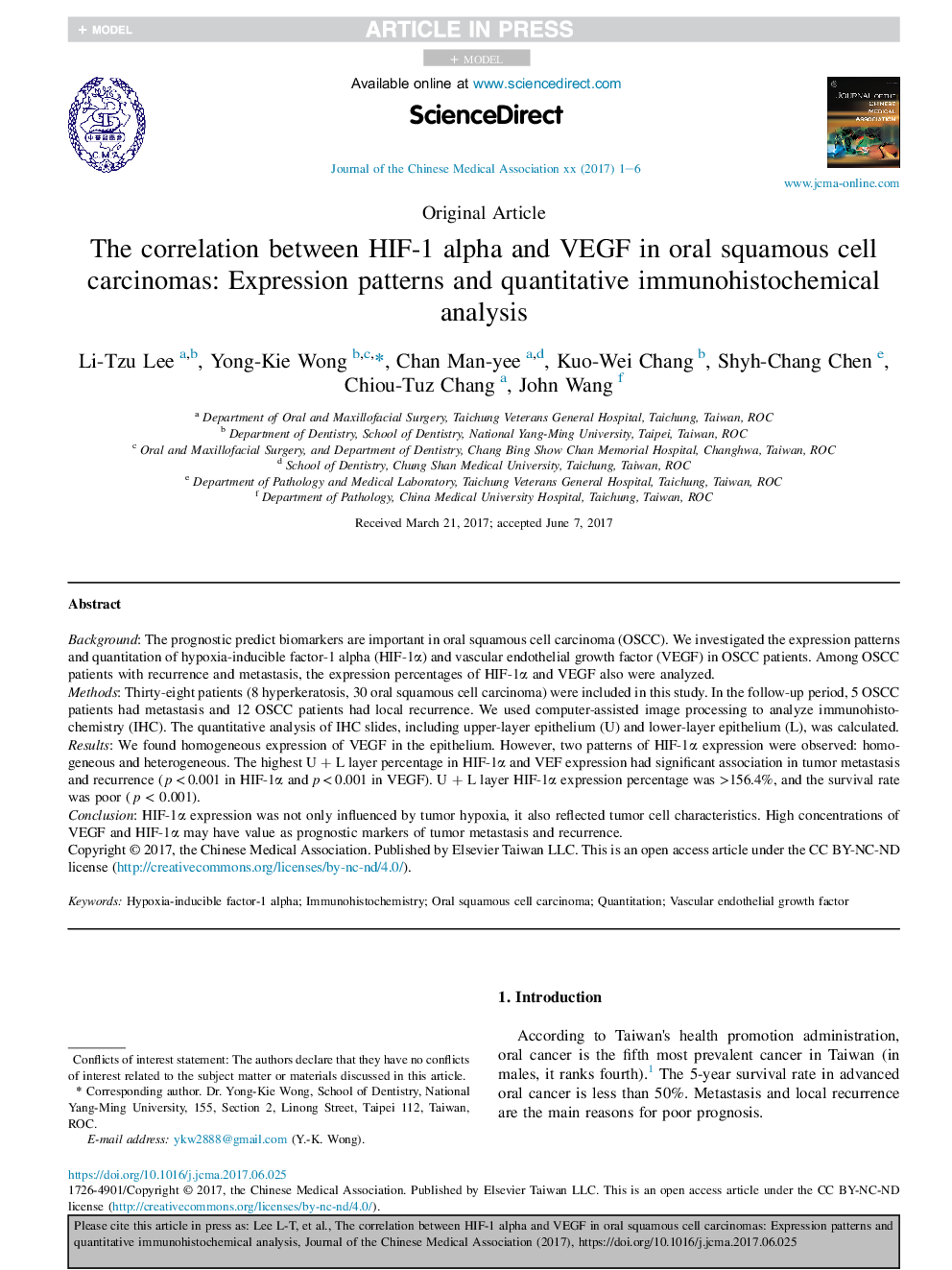 The correlation between HIF-1 alpha and VEGF in oral squamous cell carcinomas: Expression patterns and quantitative immunohistochemical analysis