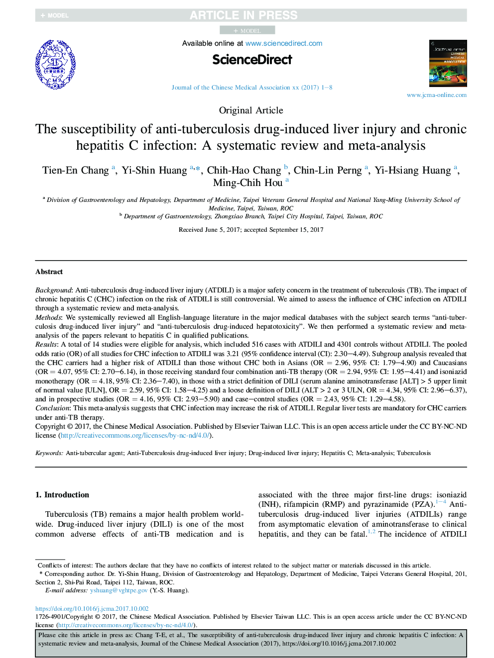 The susceptibility of anti-tuberculosis drug-induced liver injury and chronic hepatitis C infection: A systematic review and meta-analysis