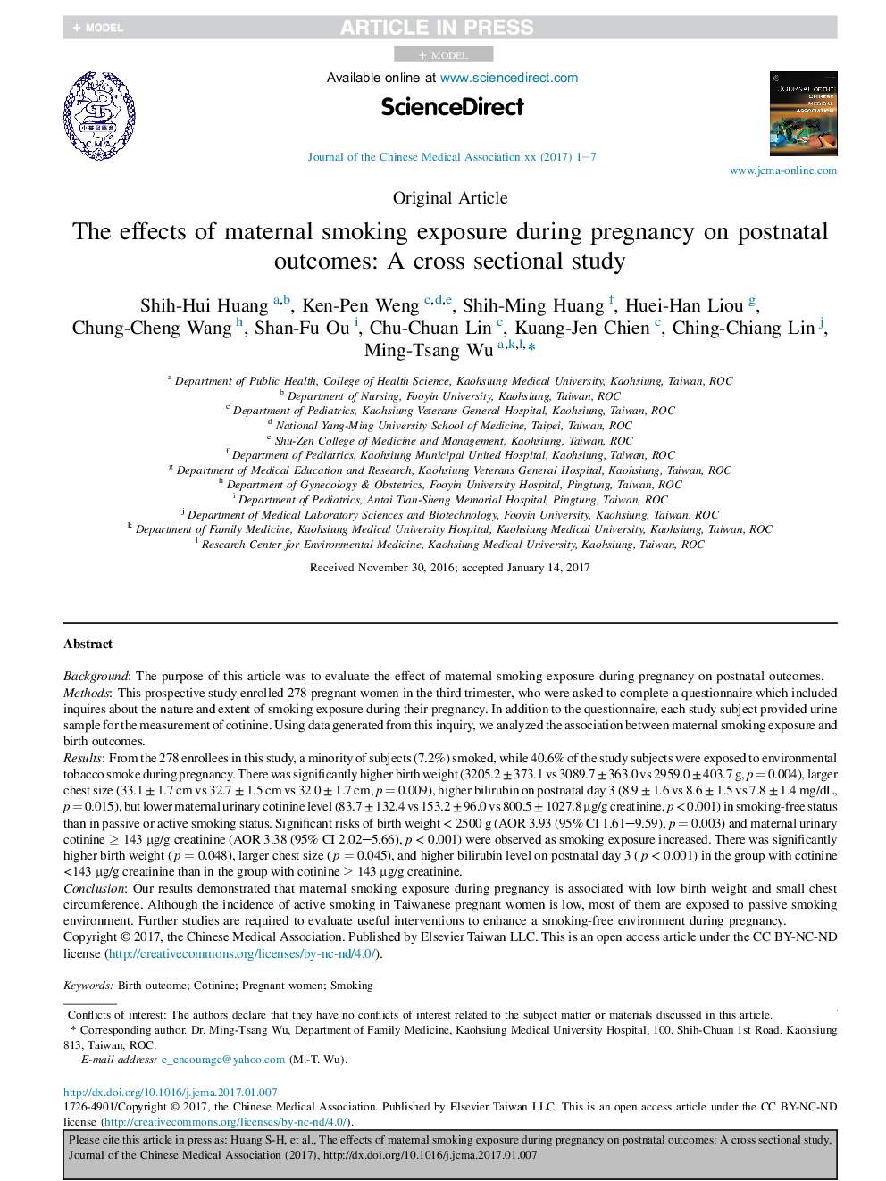 The effects of maternal smoking exposure during pregnancy on postnatal outcomes: A cross sectional study