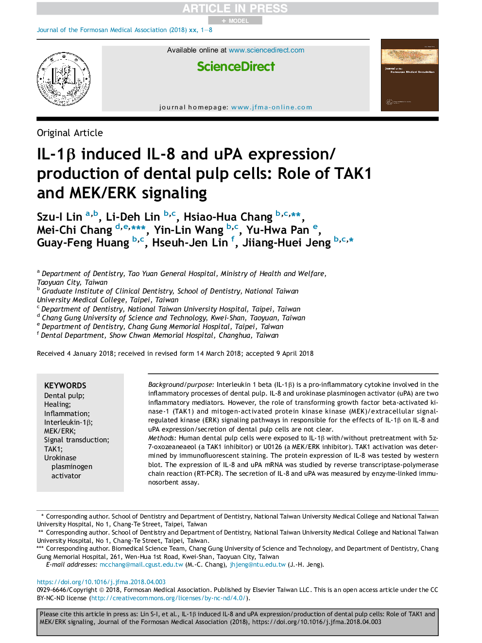 IL-1Î² induced IL-8 and uPA expression/production of dental pulp cells: Role of TAK1 and MEK/ERK signaling