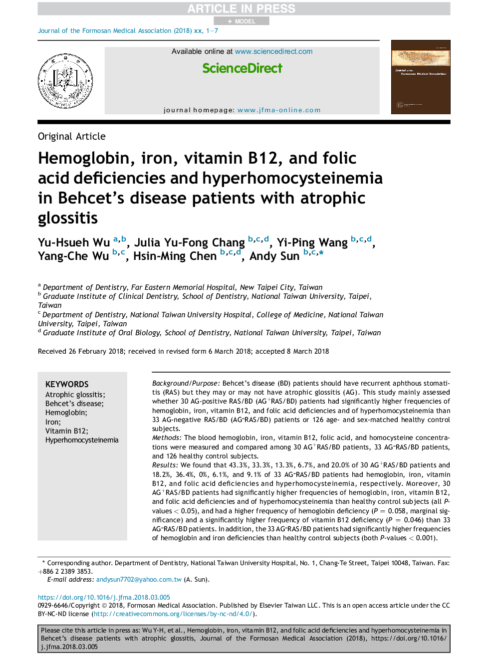 Hemoglobin, iron, vitamin B12, and folic acid deficiencies and hyperhomocysteinemia in Behcet's disease patients with atrophic glossitis