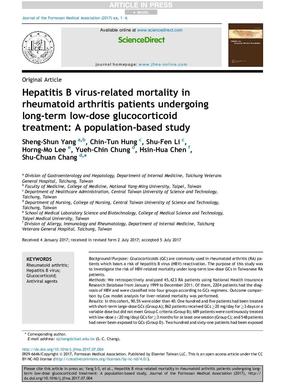 Hepatitis B virus-related mortality in rheumatoid arthritis patients undergoing long-term low-dose glucocorticoid treatment: A population-based study