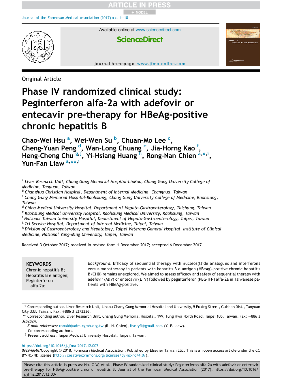 Phase IV randomized clinical study: Peginterferon alfa-2a with adefovir or entecavir pre-therapy for HBeAg-positive chronic hepatitis B