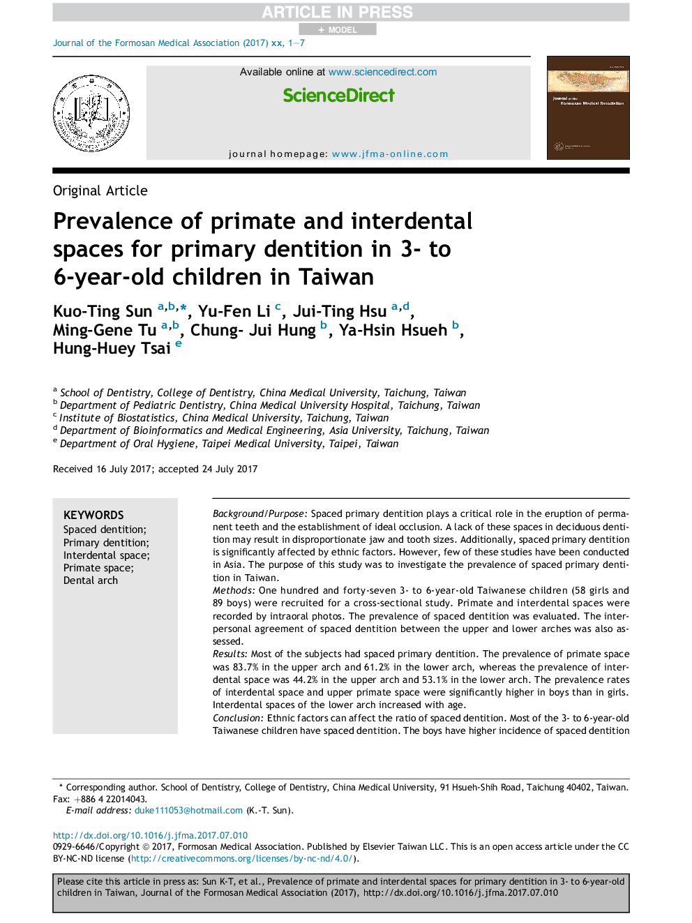 Prevalence of primate and interdental spaces for primary dentition in 3- to 6-year-old children in Taiwan