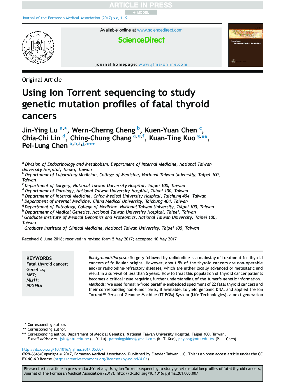 Using Ion Torrent sequencing to study genetic mutation profiles of fatal thyroid cancers