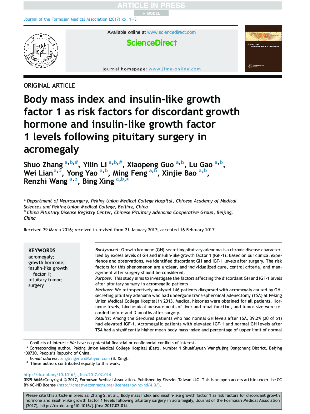 Body mass index and insulin-like growth factor 1 as risk factors for discordant growth hormone and insulin-like growth factor 1Â levels following pituitary surgery in acromegaly