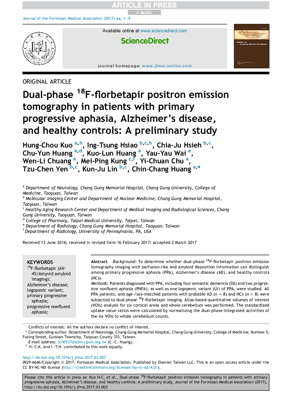 Dual-phase 18F-florbetapir positron emission tomography in patients with primary progressive aphasia, Alzheimer's disease, and healthy controls: A preliminary study