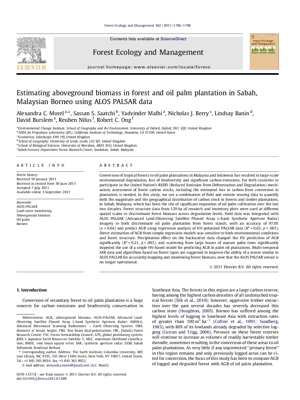 Estimating aboveground biomass in forest and oil palm plantation in Sabah, Malaysian Borneo using ALOS PALSAR data