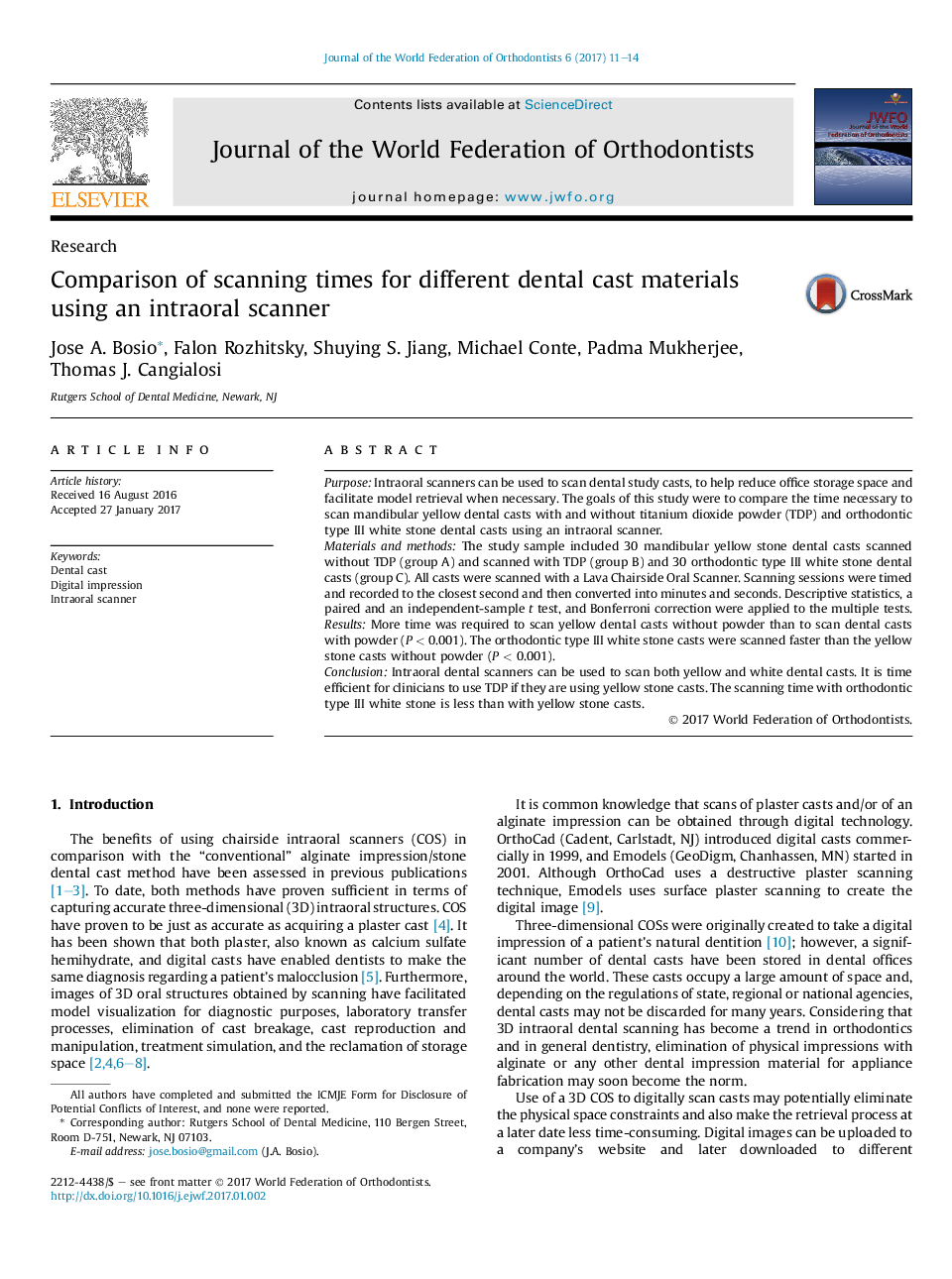 Comparison of scanning times for different dental cast materials using an intraoral scanner