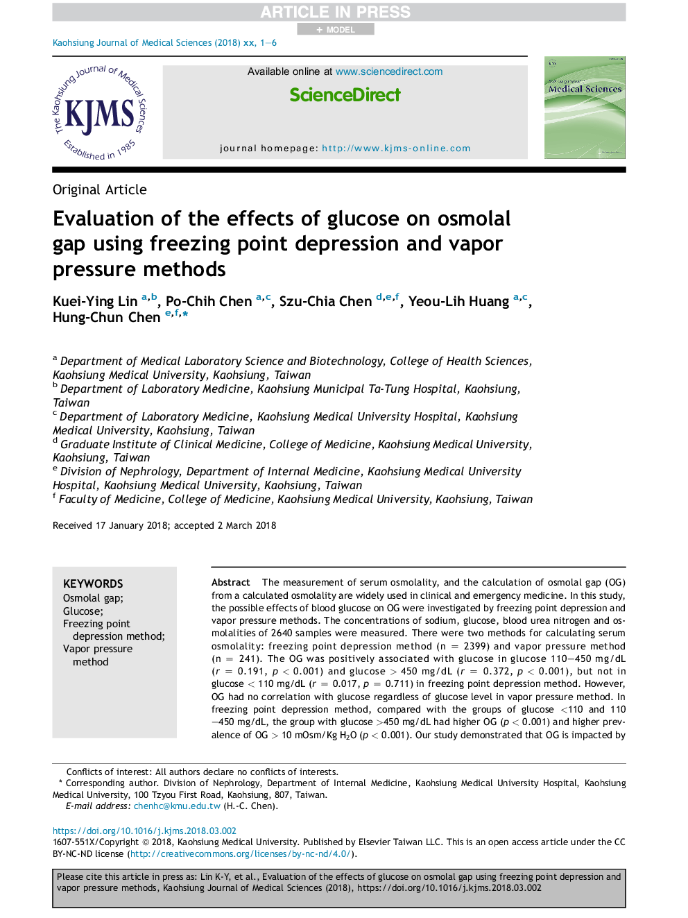 Evaluation of the effects of glucose on osmolal gap using freezing point depression and vapor pressure methods