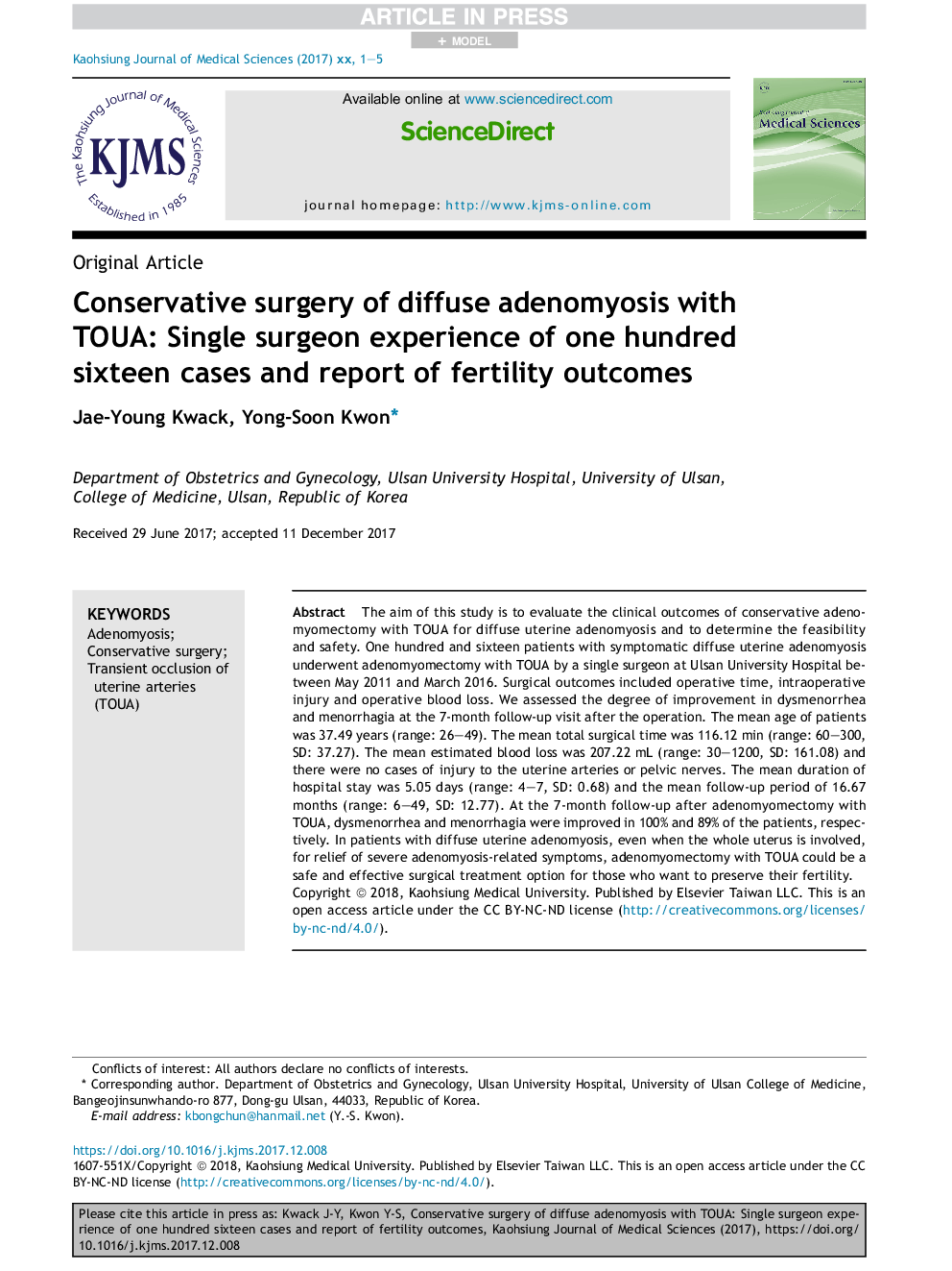 Conservative surgery of diffuse adenomyosis with TOUA: Single surgeon experience of one hundred sixteen cases and report of fertility outcomes