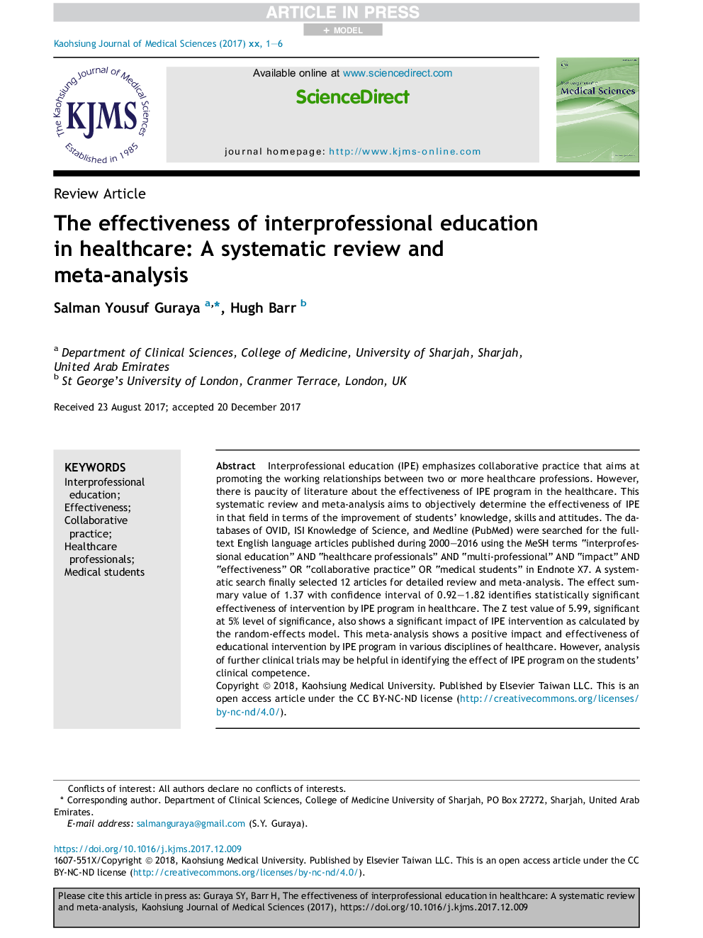 The effectiveness of interprofessional education in healthcare: A systematic review and meta-analysis