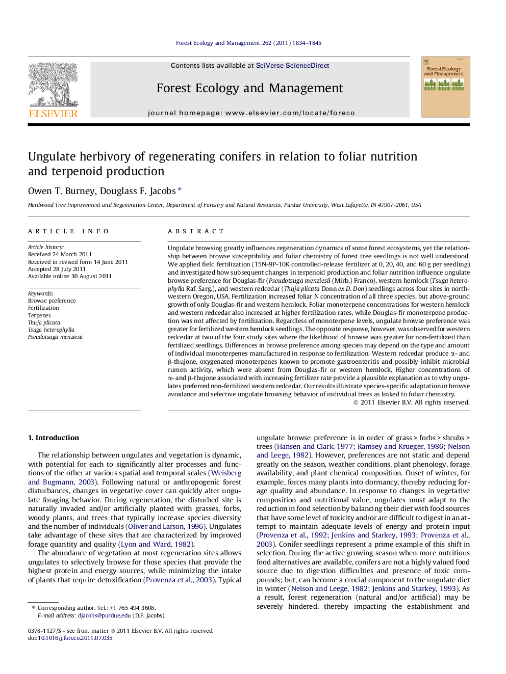 Ungulate herbivory of regenerating conifers in relation to foliar nutrition and terpenoid production