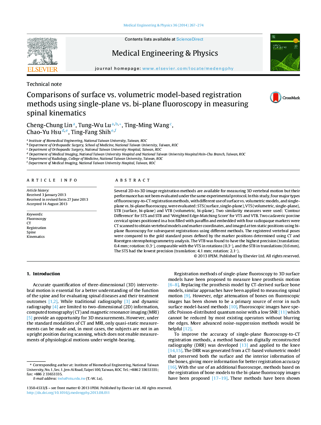 Comparisons of surface vs. volumetric model-based registration methods using single-plane vs. bi-plane fluoroscopy in measuring spinal kinematics