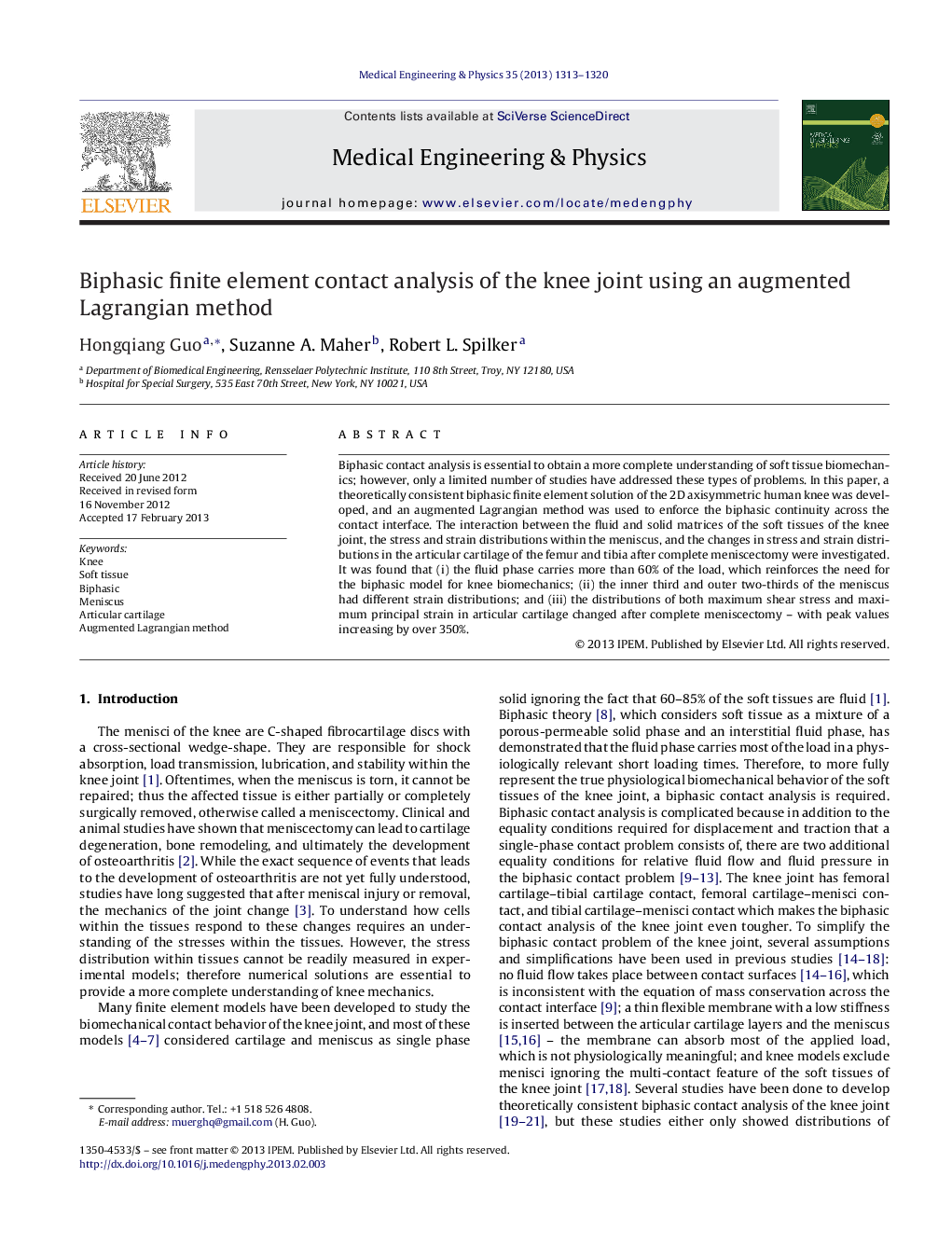 Biphasic finite element contact analysis of the knee joint using an augmented Lagrangian method