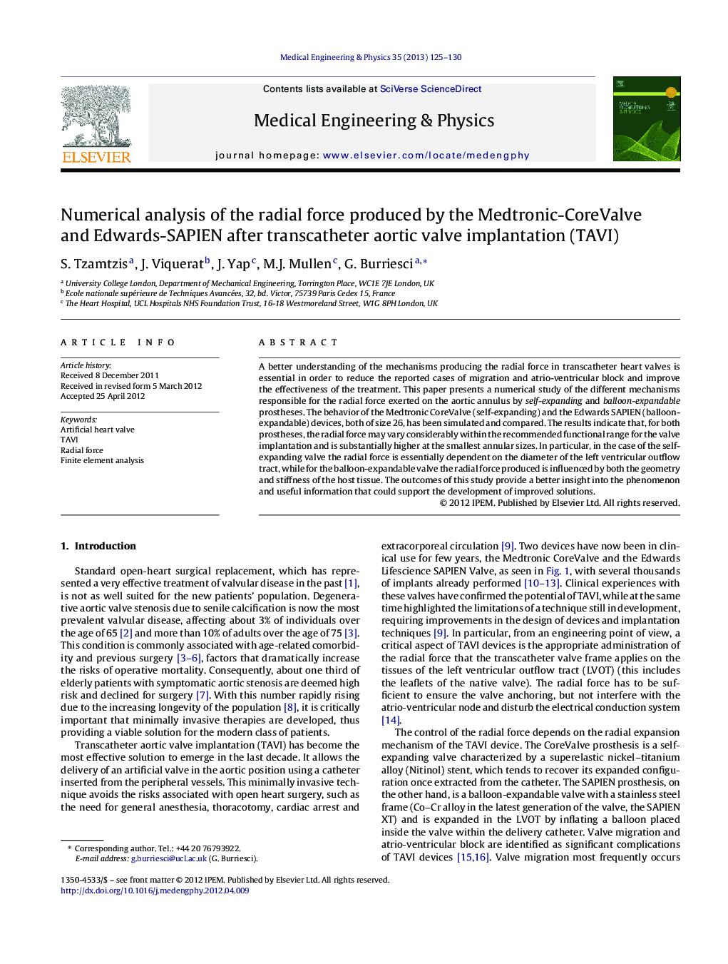 Numerical analysis of the radial force produced by the Medtronic-CoreValve and Edwards-SAPIEN after transcatheter aortic valve implantation (TAVI)