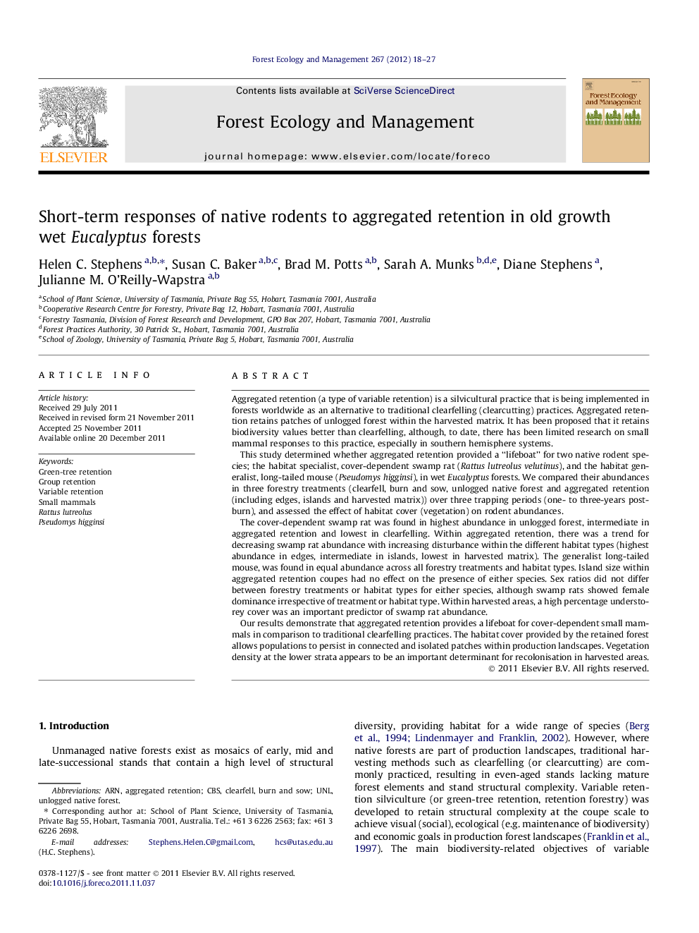 Short-term responses of native rodents to aggregated retention in old growth wet Eucalyptus forests