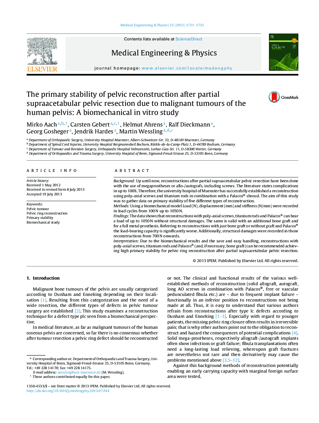 The primary stability of pelvic reconstruction after partial supraacetabular pelvic resection due to malignant tumours of the human pelvis: A biomechanical in vitro study