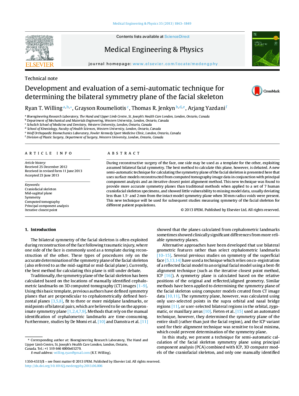 Development and evaluation of a semi-automatic technique for determining the bilateral symmetry plane of the facial skeleton