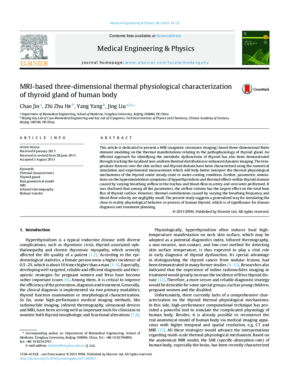 MRI-based three-dimensional thermal physiological characterization of thyroid gland of human body