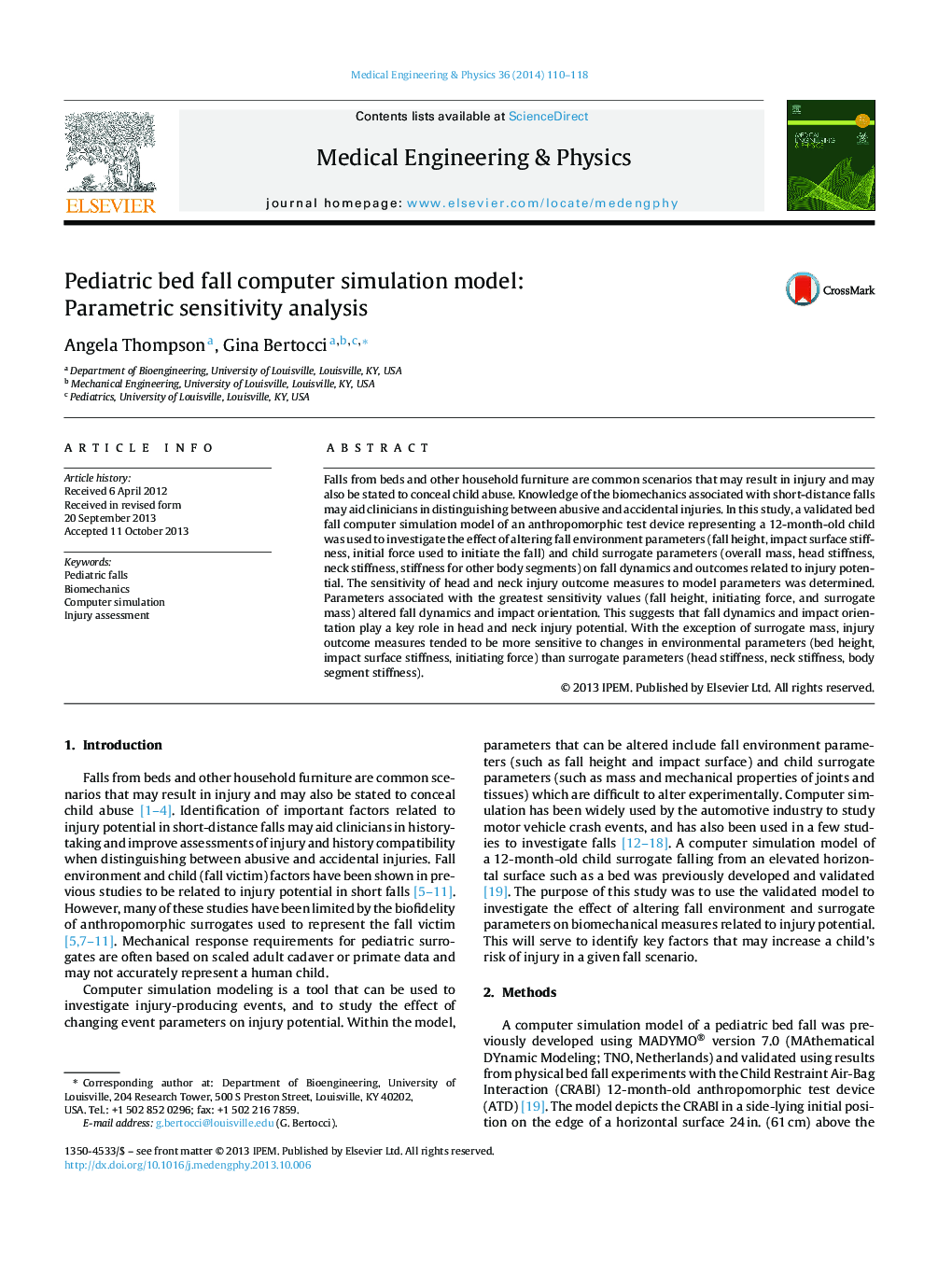 Pediatric bed fall computer simulation model: Parametric sensitivity analysis