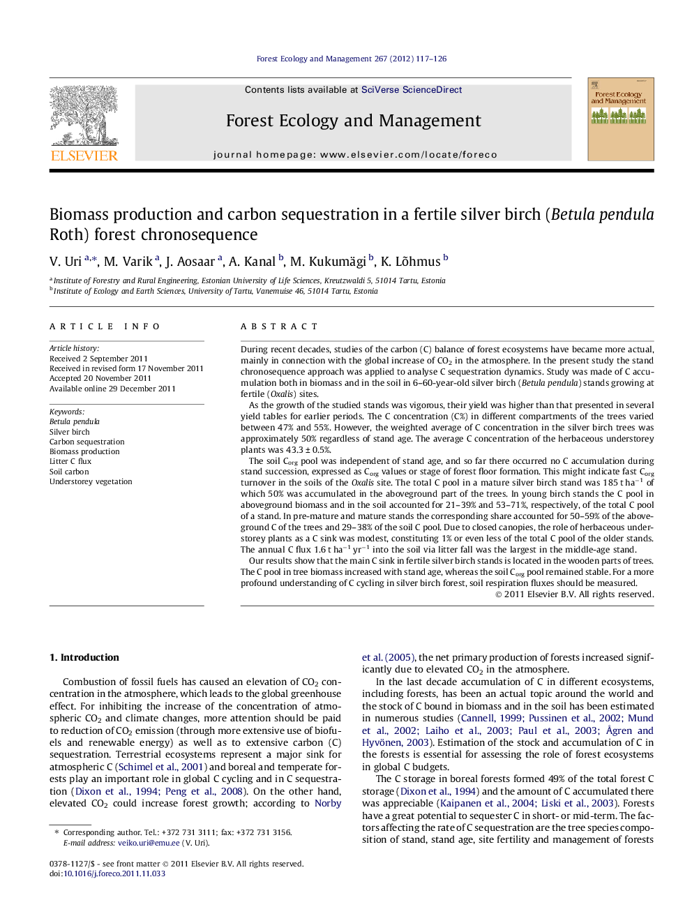 Biomass production and carbon sequestration in a fertile silver birch (Betula pendula Roth) forest chronosequence